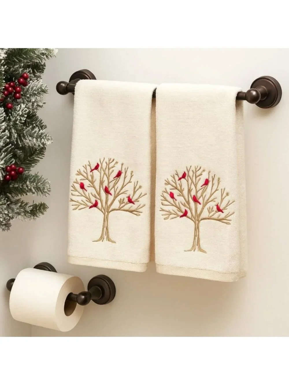 Embroidered Cardinal Hand Towels Set of 2 - Fall Tree Design, 100% Cotton, Ivory